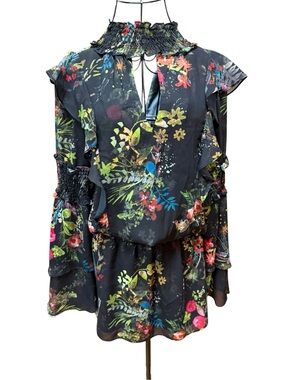 Parker Black Floral Smocked-Neck Waist Sleeve Keyhole front Mini Dress XS